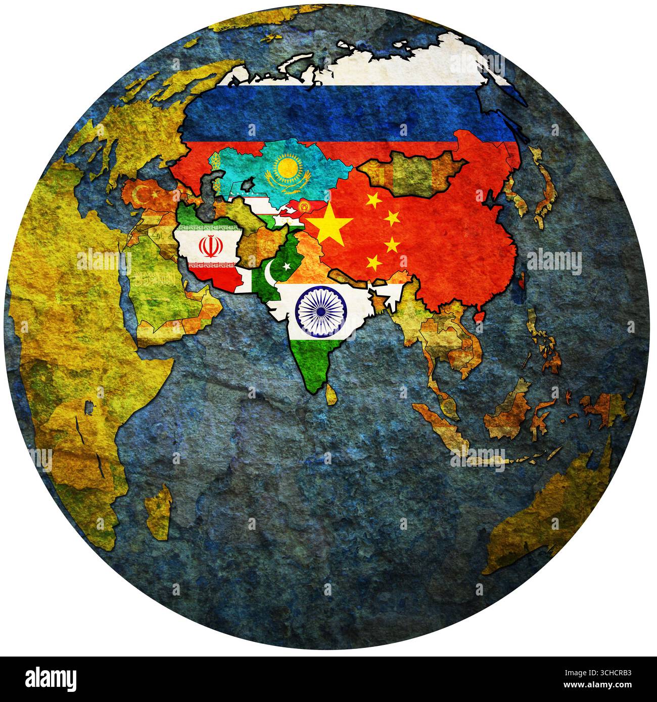 World Map Coperation National flags of member countries of Shanghai Cooperation Organisation ...