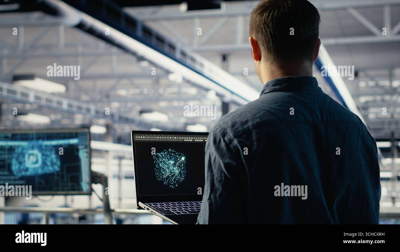 Data center admin using AI LLM chatbot suggestions to improve rigs processing speed and efficiency. Server hub worker using large language model to support artificial intelligence workloads, camera B Stock Photo