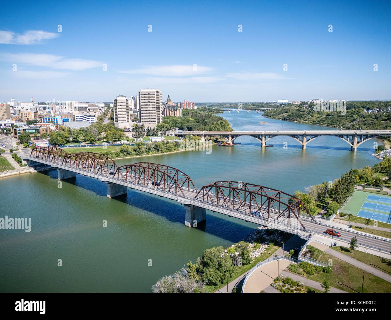 Aerial view of downtown Saskatoon, Saskatchewan, showing the city skyline, river, and bridges. Stock Photo