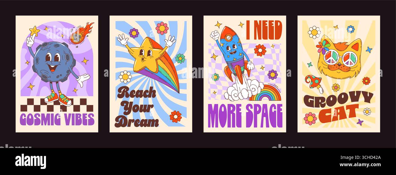 Whimsy Taglines Cartoon groovy characters posters. Vector whimsical retro cosmic and ...