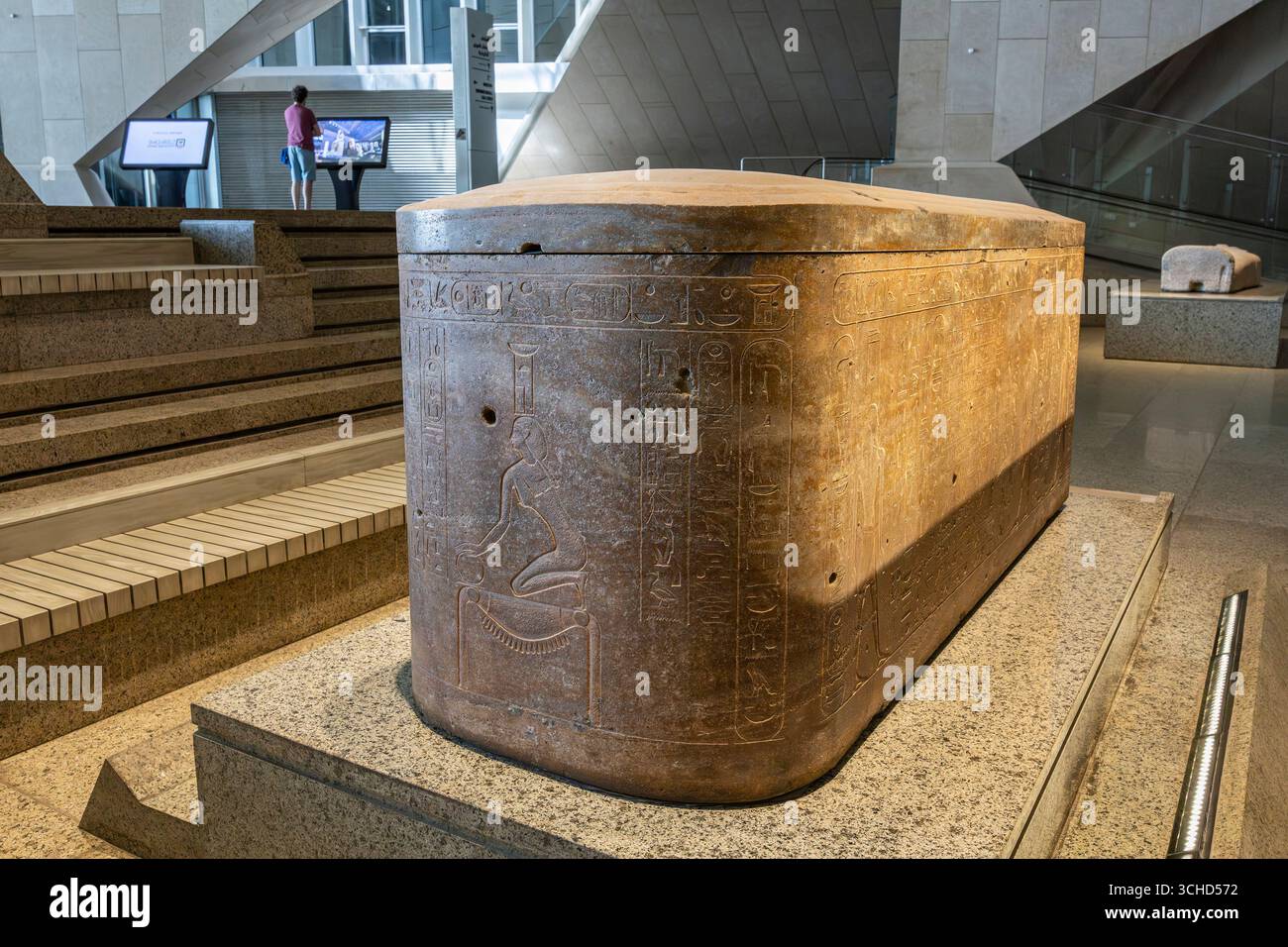 Grand Egyptian Museum(GEM), Grand Stair gallery, sarcophagus with relief, Giza, Egypt, North Africa, Africa Stock Photo
