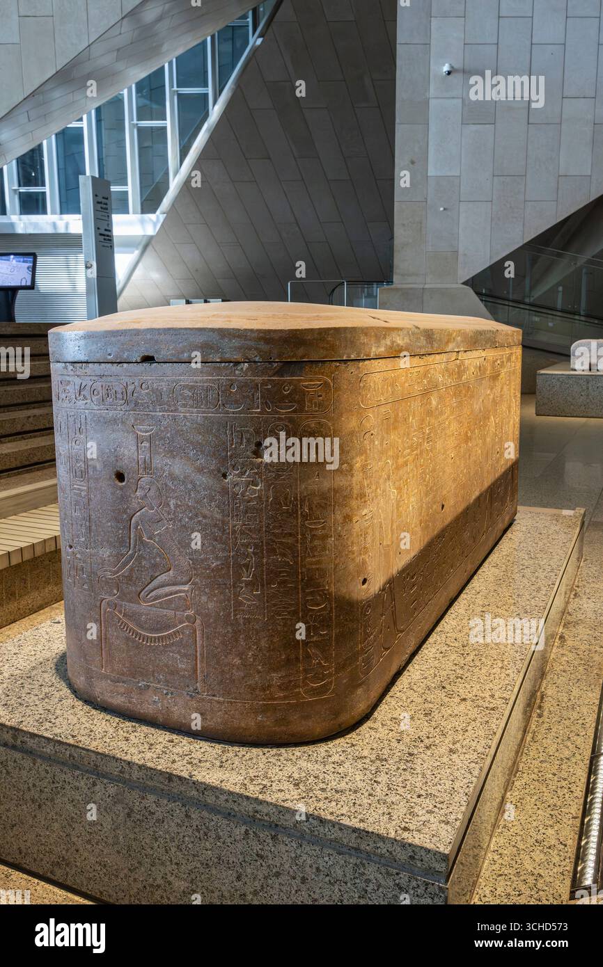 Grand Egyptian Museum(GEM), Grand Stair gallery, sarcophagus with relief, Giza, Egypt, North Africa, Africa Stock Photo