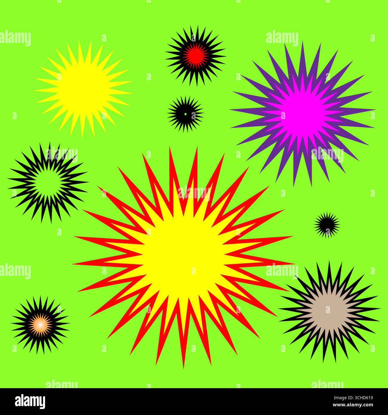 Abstract starburst shapes. Colorful explosion effect. Bright decorative elements. Vector holiday pattern. Stock Vector