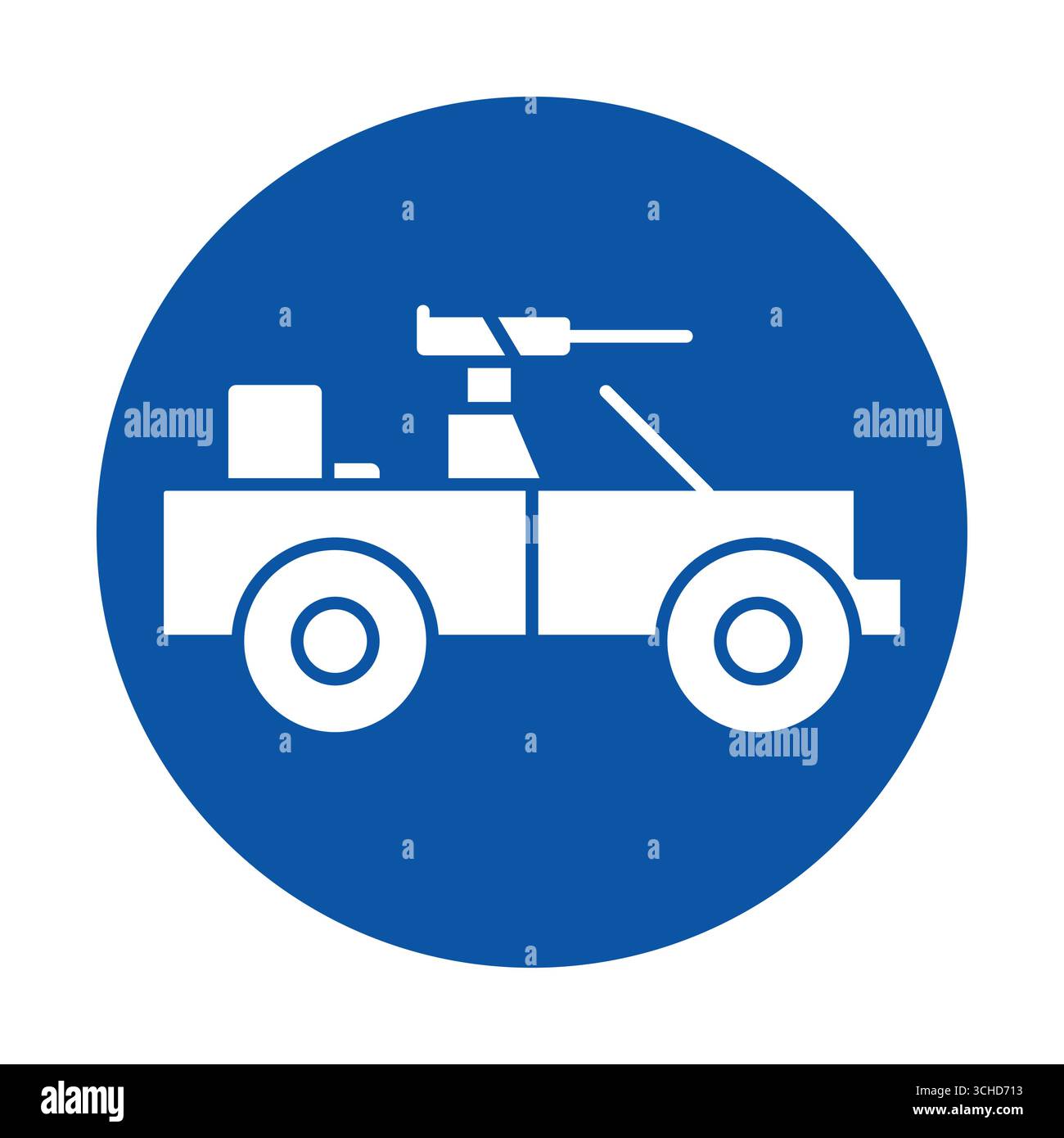 This blue circular icon features a simplified armored vehicle with a mounted gun. It symbolizes protection, security, and military readiness in a mode Stock Vector