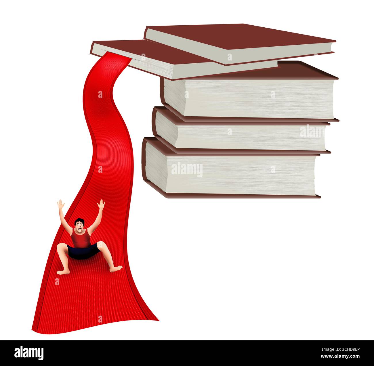 A man enjoys sliding down a boolmark ribbon as if it were a waterslide in a 3-d illustration about reading can be fun. Reading is fun. Stock Photo