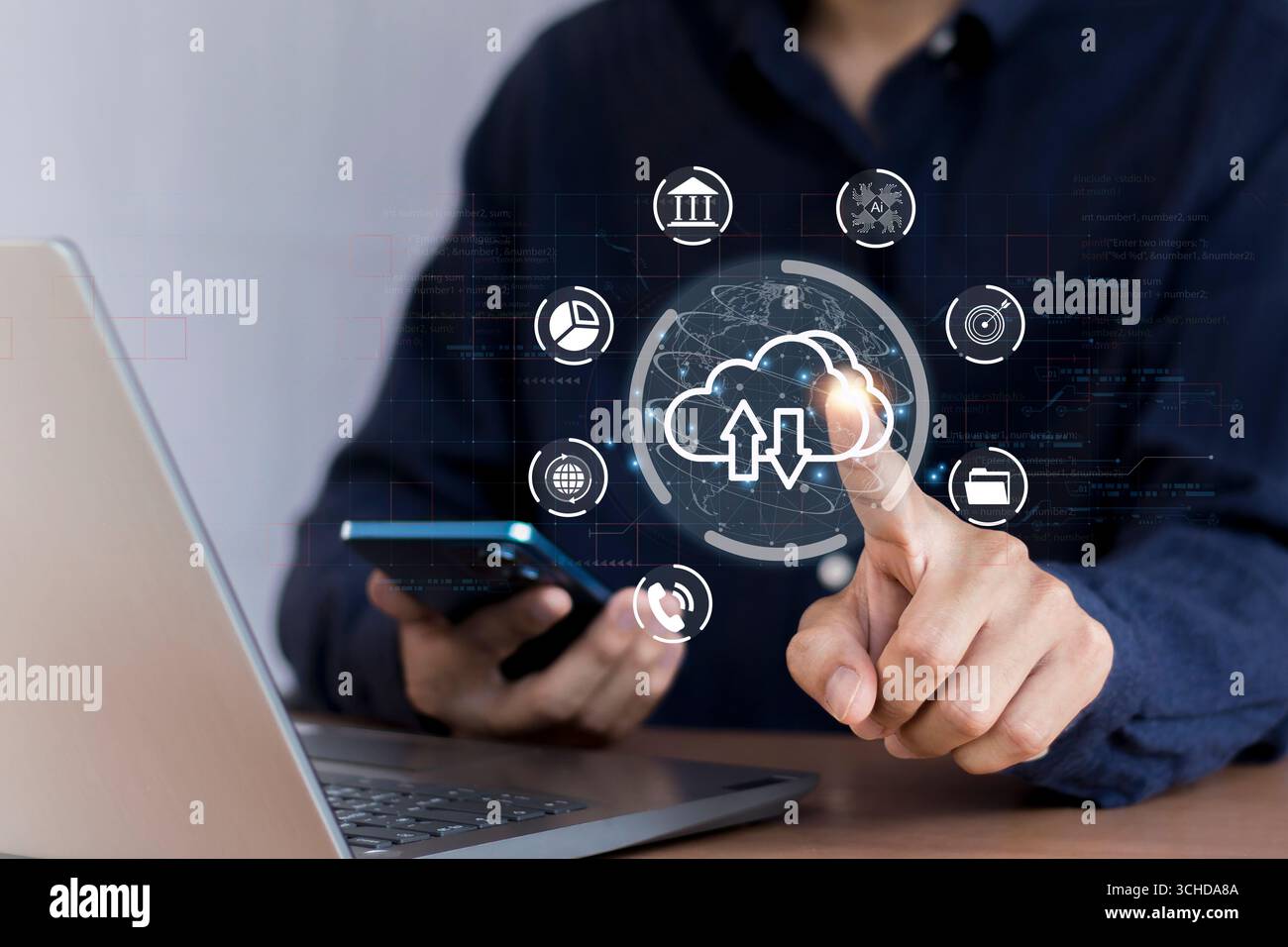 Cloud computing shown in hand Cloud technology, storage, data transfer, concept Internet storage network technology Stock Photo