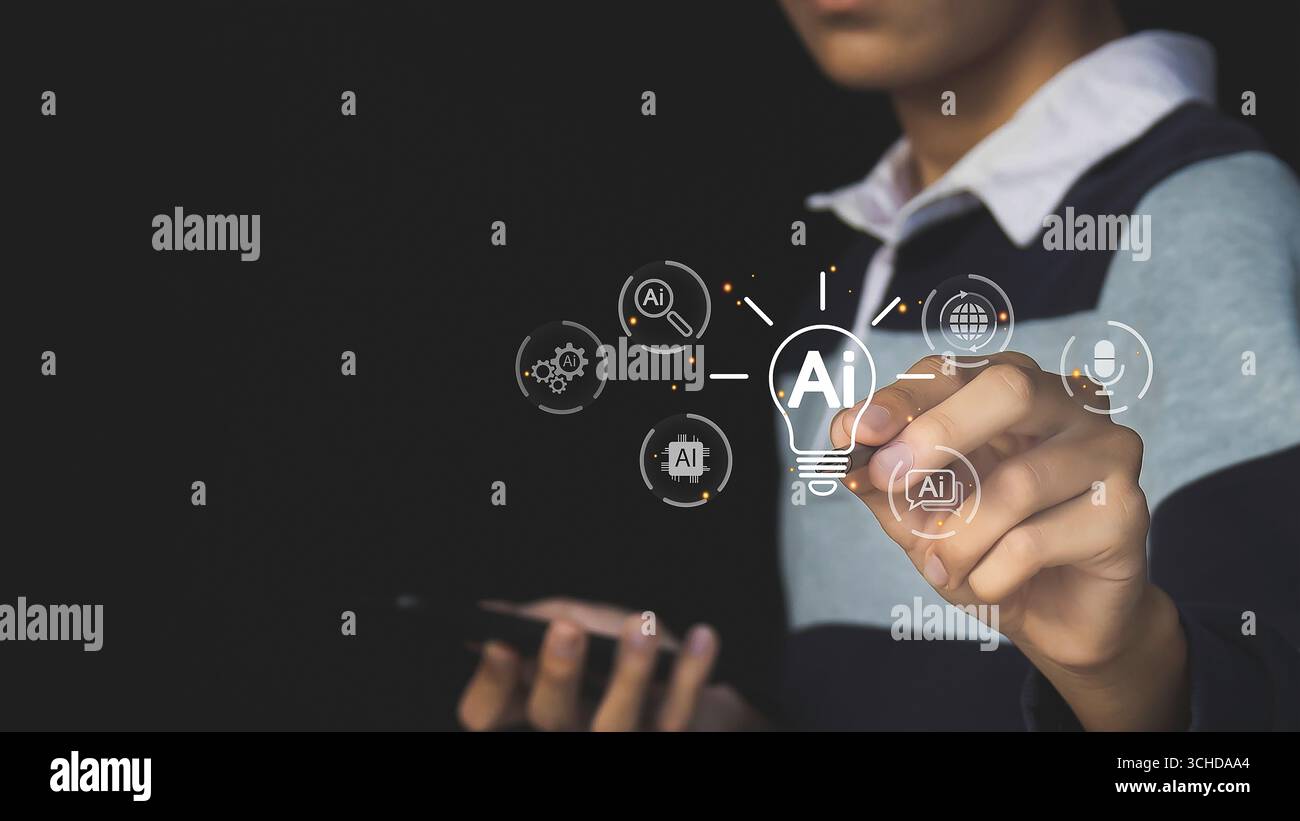 AI technology, businessman showing virtual graphics, global internet connectivity, future technology change Stock Photo
