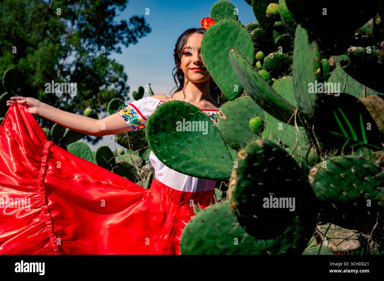 Mexican heritage represented by folkloric dancer in red skirt Stock Photo