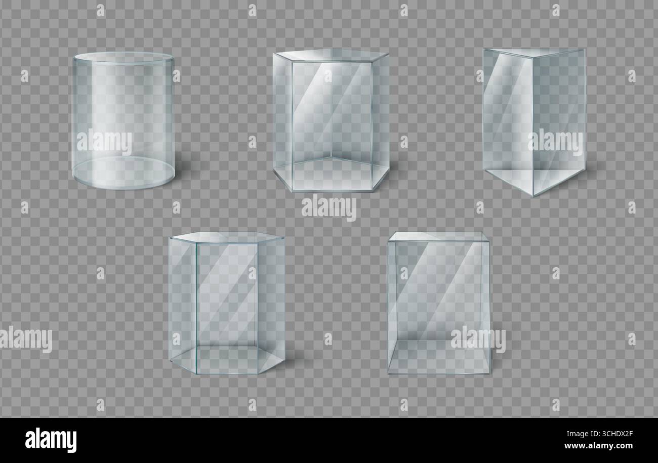 Glass box museum display cases with transparent cylindrical, hexagonal ...