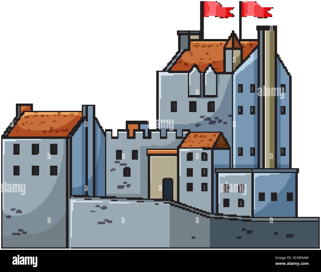 Stylized vector of stone Scottish castle with red flags, angular towers ...