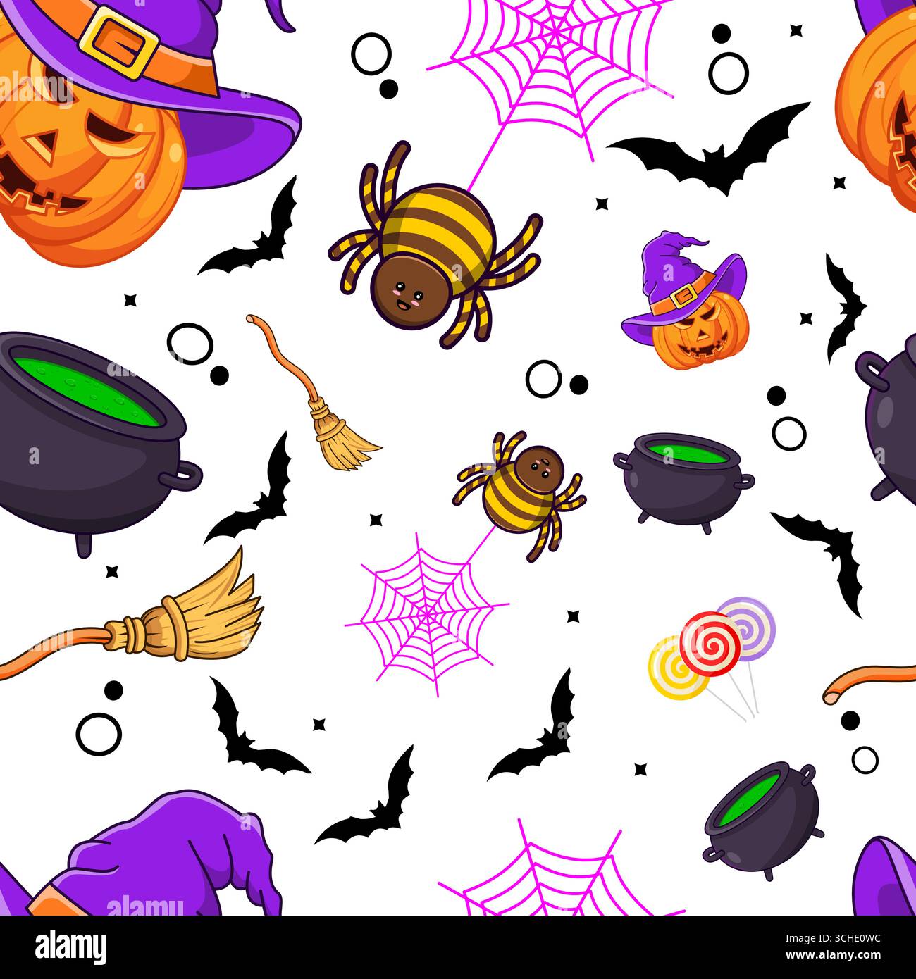 Halloween themed seamless pattern with pumpkins, spiders, and witch elements Vector Illustration Stock Vector