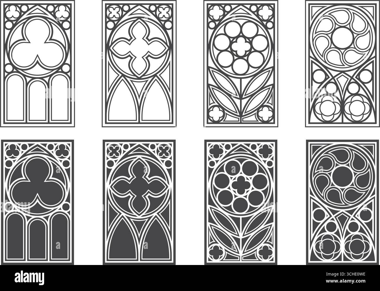Church windows with arched frames. Cathedral gothic stained glass. Old ...