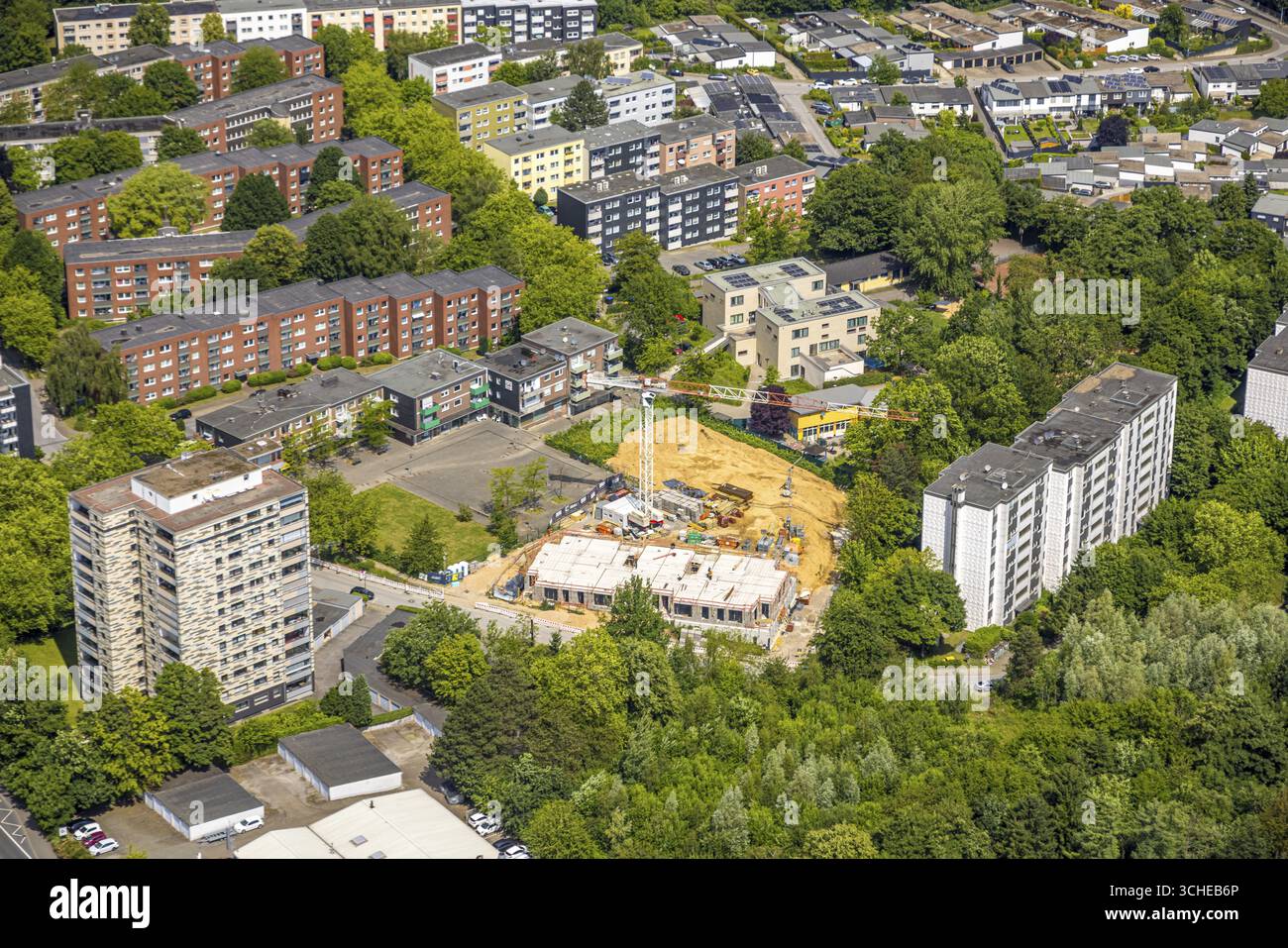 Aerial view, high-rise buildings and apartment blocks on Rhoenstrasse ...