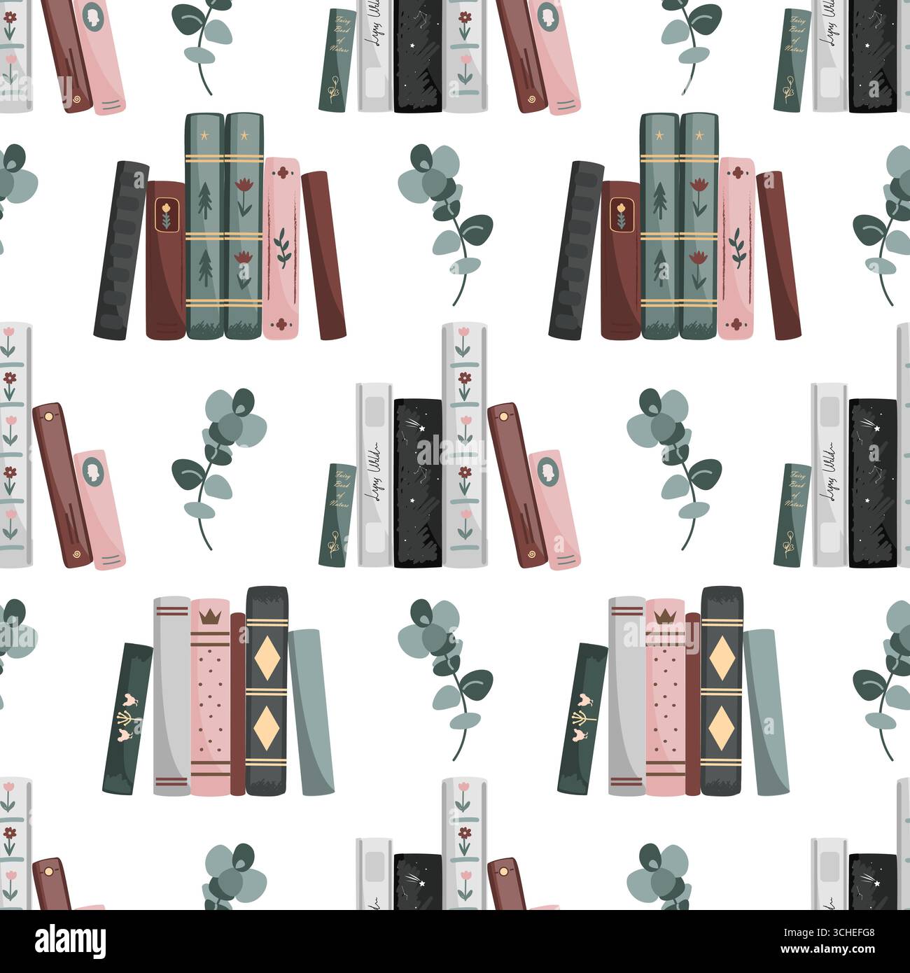Standing vintage books and eucalyptus seamless pattern. Vector illustration background Stock Vector