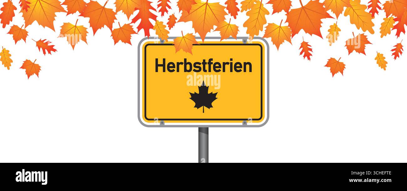 autumn holiday sign on sky background with fallen leaves vector illustration Stock Vector