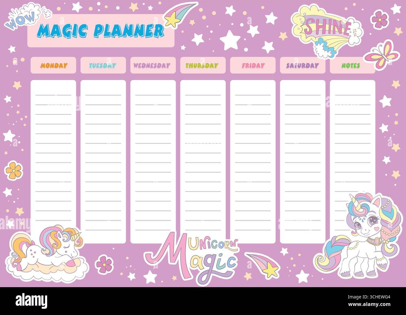 Weekly planner with cute cartoon unicorns and stars on purple ...