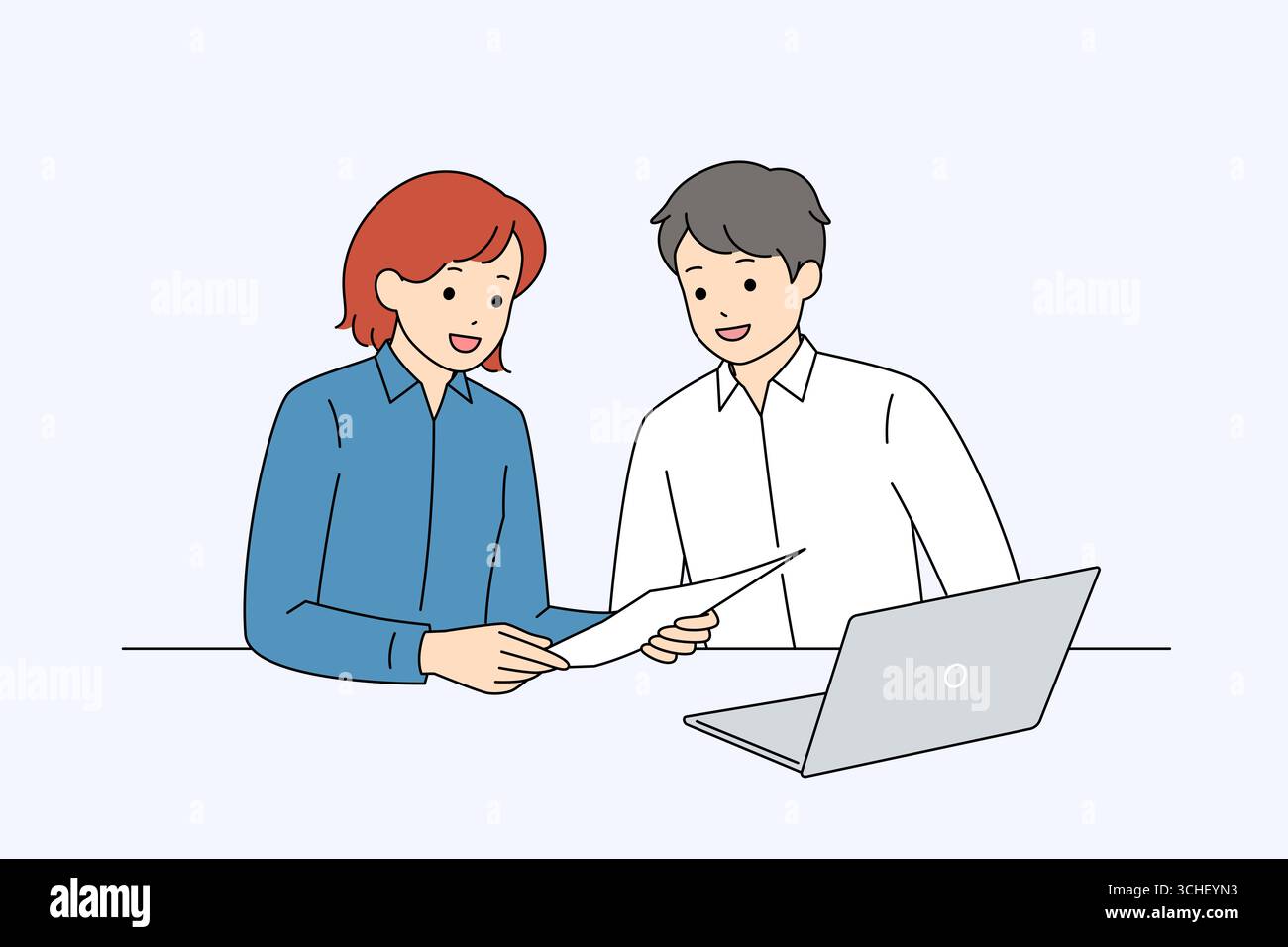 Engaging in a Collaborative Work Session Utilizing a Laptop Alongside Paper for Discussion Stock Photo