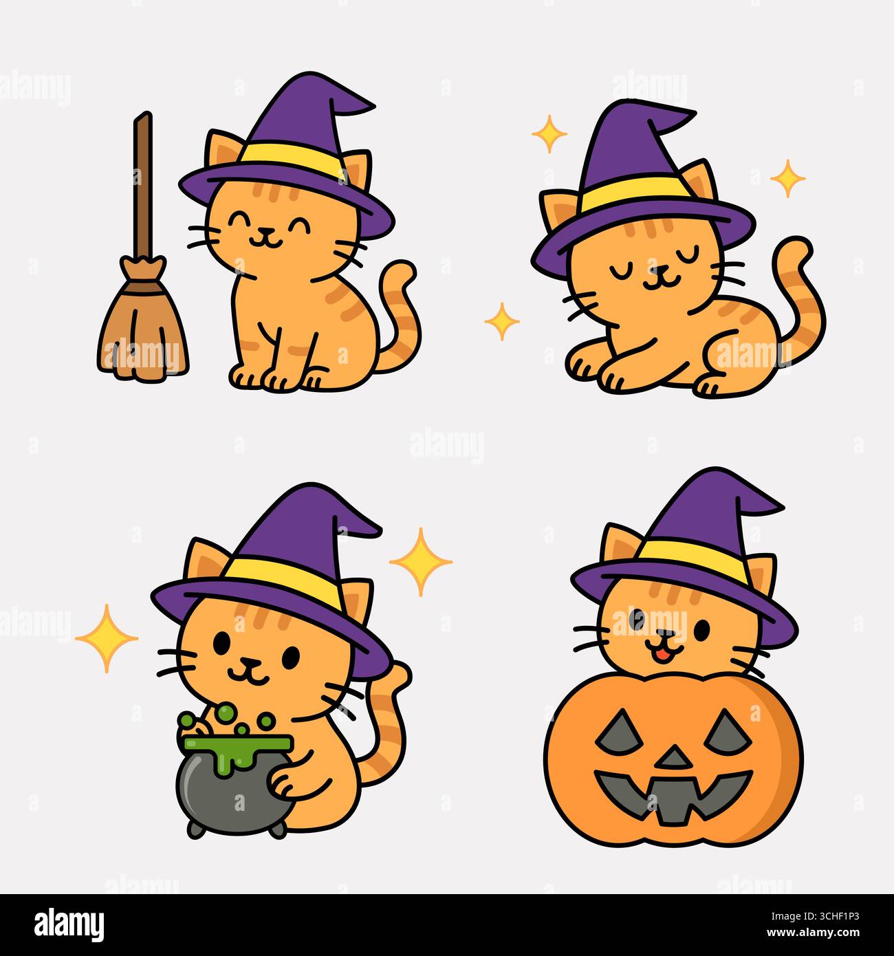 Cartoon Halloween cat character wearing a witch hat shown in different ...