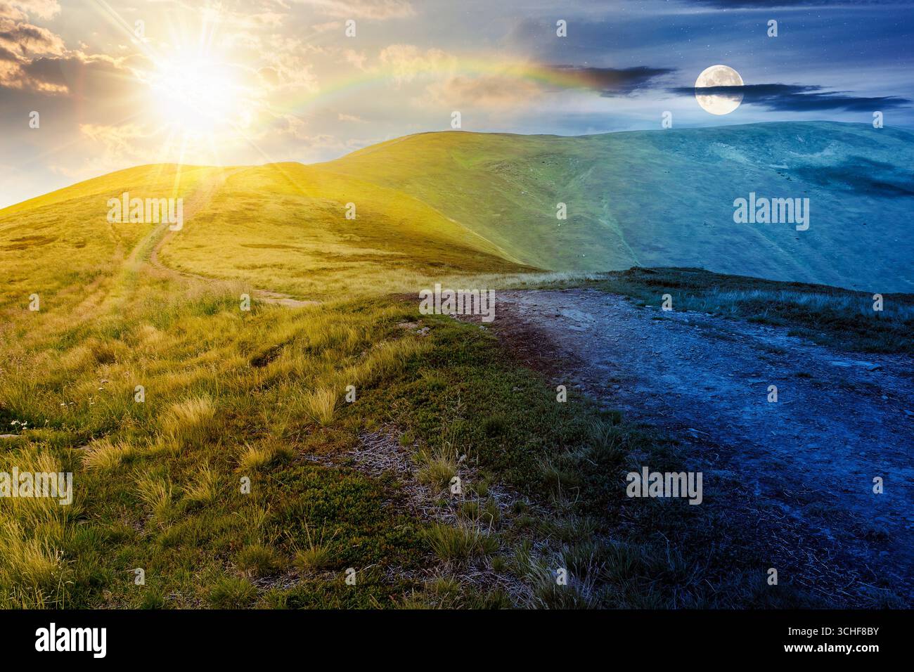 path for mountain tourism in summer. day and night time change concept. alpine landscape with sun and moon at twilight. beautiful scenery of ridge wit Stock Photo