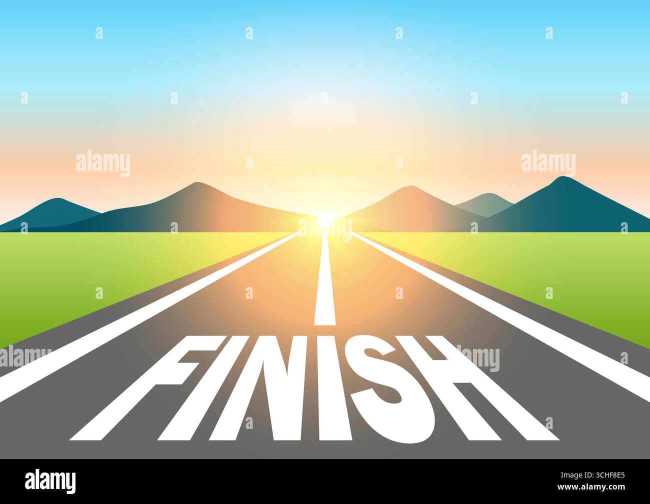 Finish. Finish written on asphalt road at Beautiful Sunrise and ...