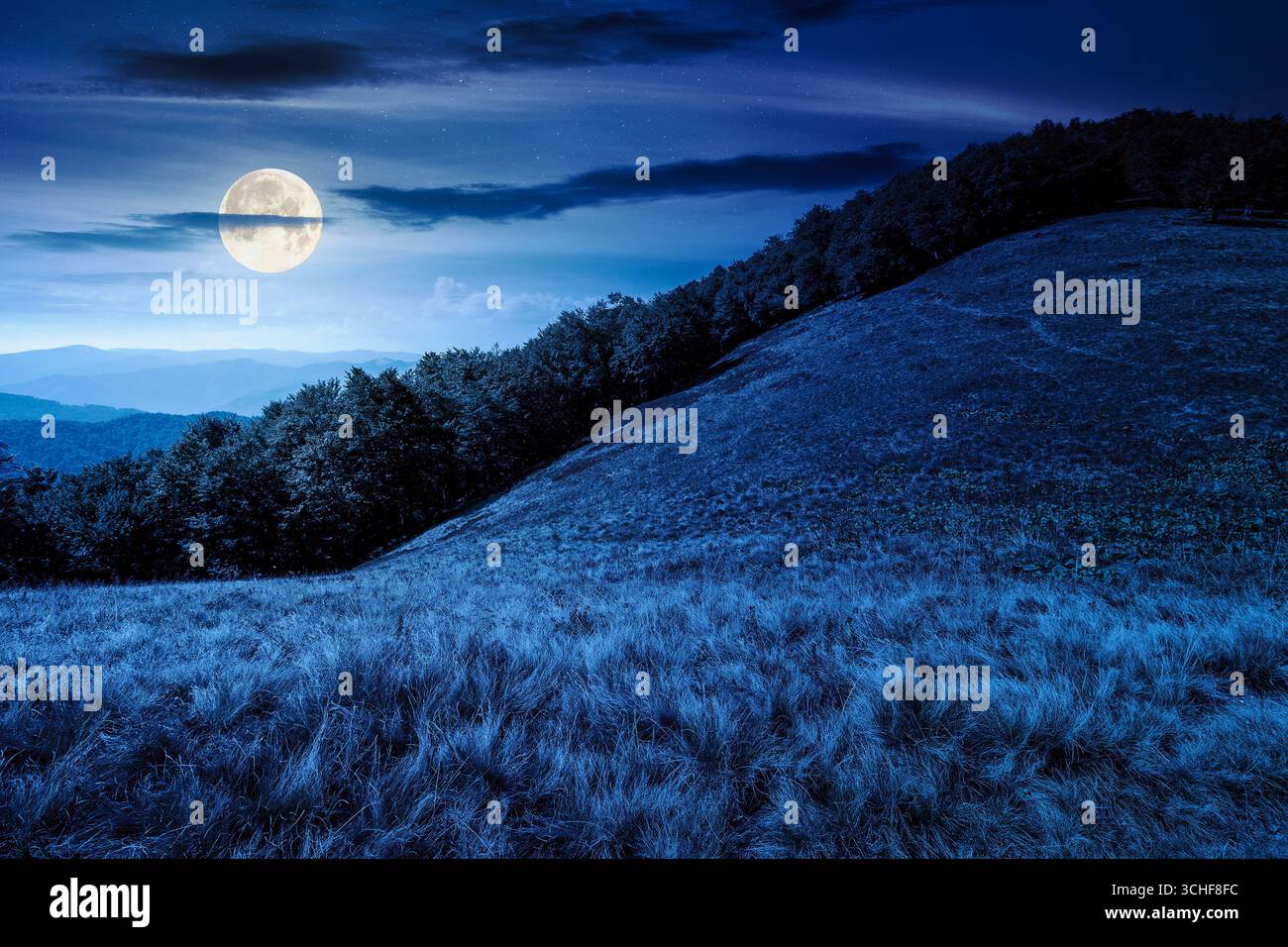 calm autumn day in mountains at night. deciduous trees on the grassy hills of the ridge in full moon light. alpine scenery in fall season under dark s Stock Photo