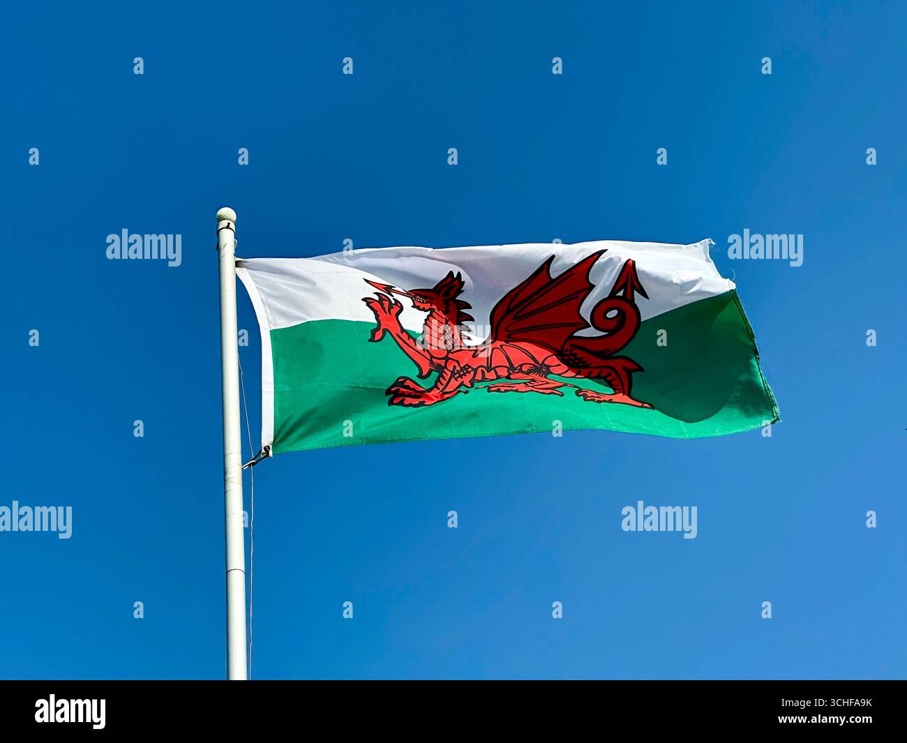 Flag of Wales flying in the blue sky - Smartphone Captured Stock Image Flag of Wales flying in the blue sky - Smartphone Captured Stock Image