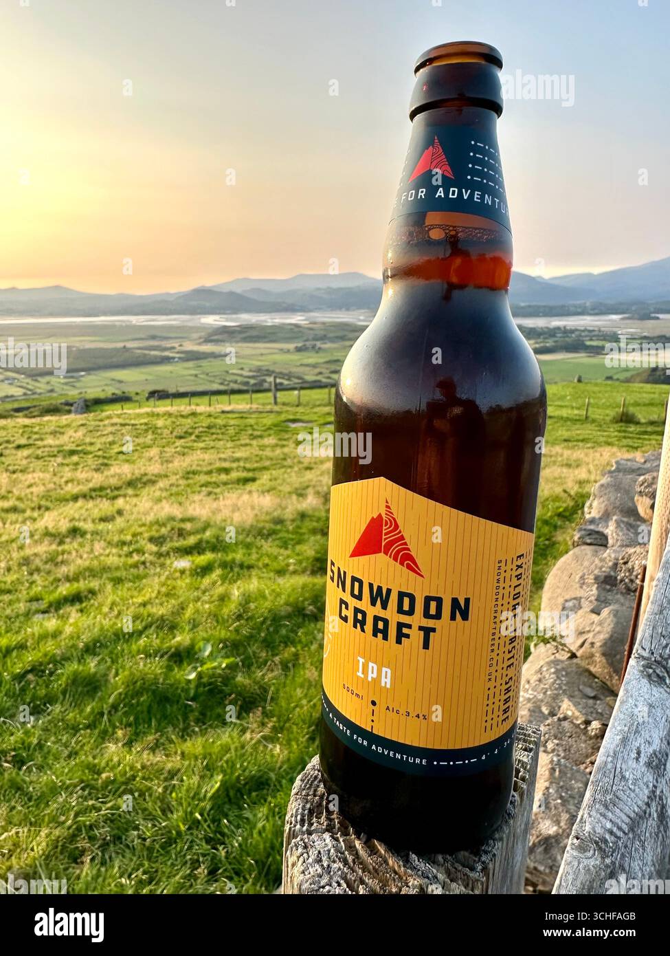 Snowdon Craft IPA in front of a panorama of Snowdonia national park - Smartphone Captured Stock Image