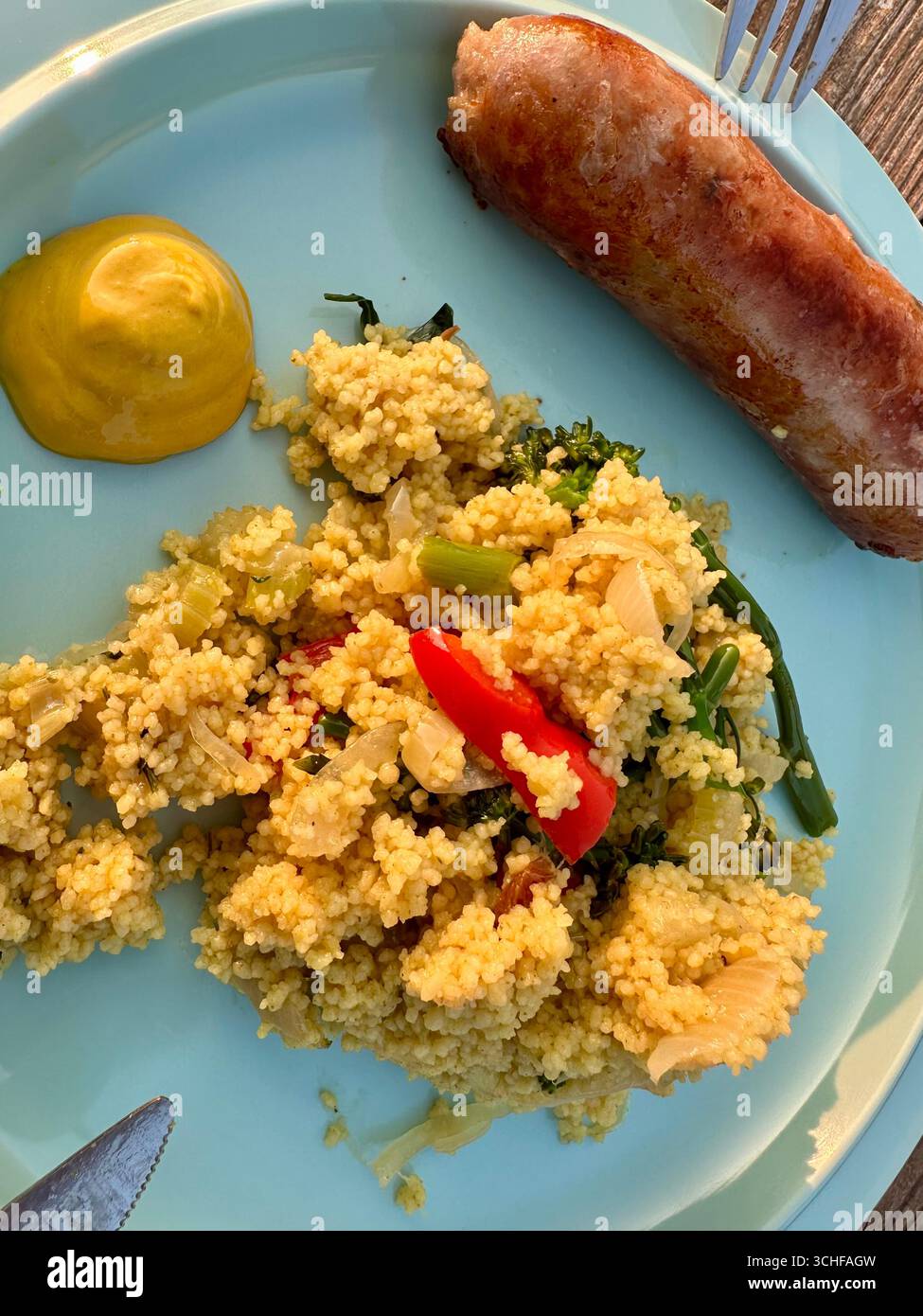 Simple camping food on a plastic plate: couscous with vegetable, sausage and mustard - Smartphone Captured Stock Image