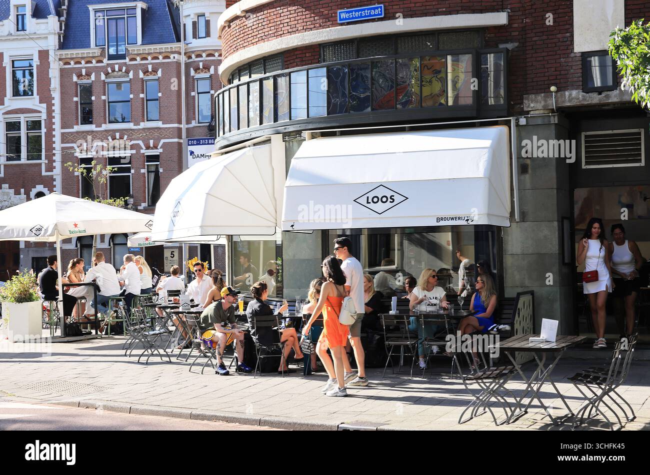 Restaurants on Westerstraat, in a lovely neighbourhood near the city park, Rotterdam, Netherlands. Stock Photo