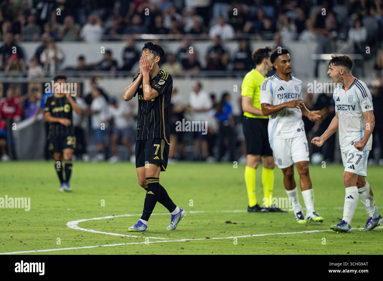 LAFC forward Son Heung-Min (7) reacts during a MLS match against San
