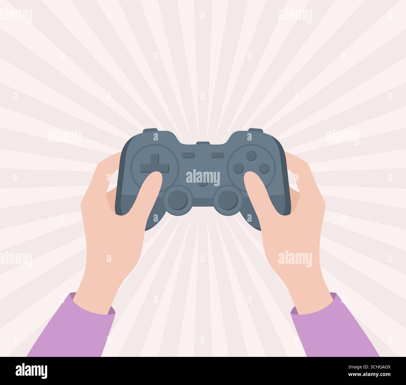 Hands holding game controller on radiant background, top view. Flat vector illustration Stock Vector