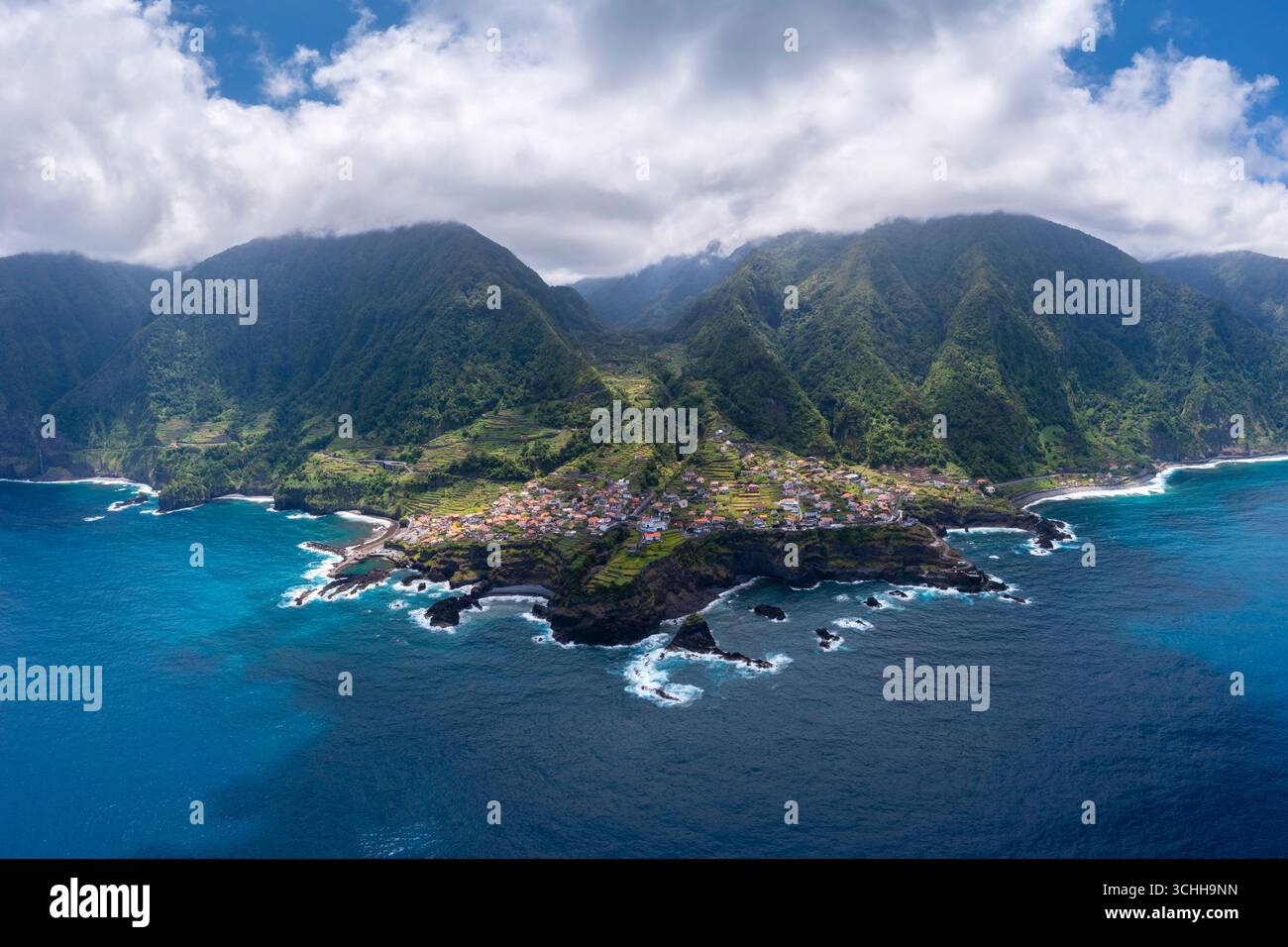 Aerial view of the coast of Seixal in spring. Madeira, Portugal, Europe. Stock Photo