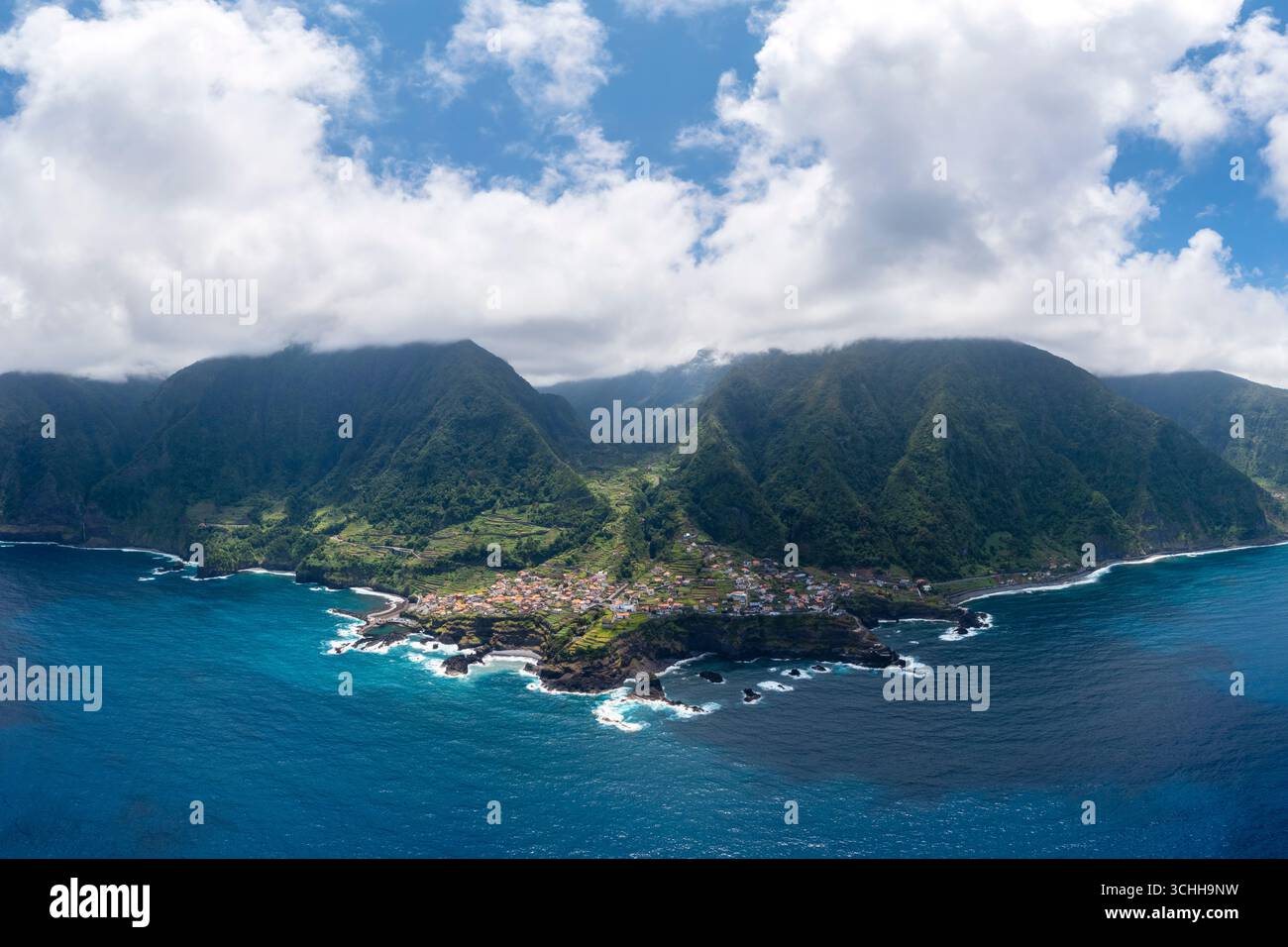 Aerial view of the coast of Seixal in spring. Madeira, Portugal, Europe. Stock Photo
