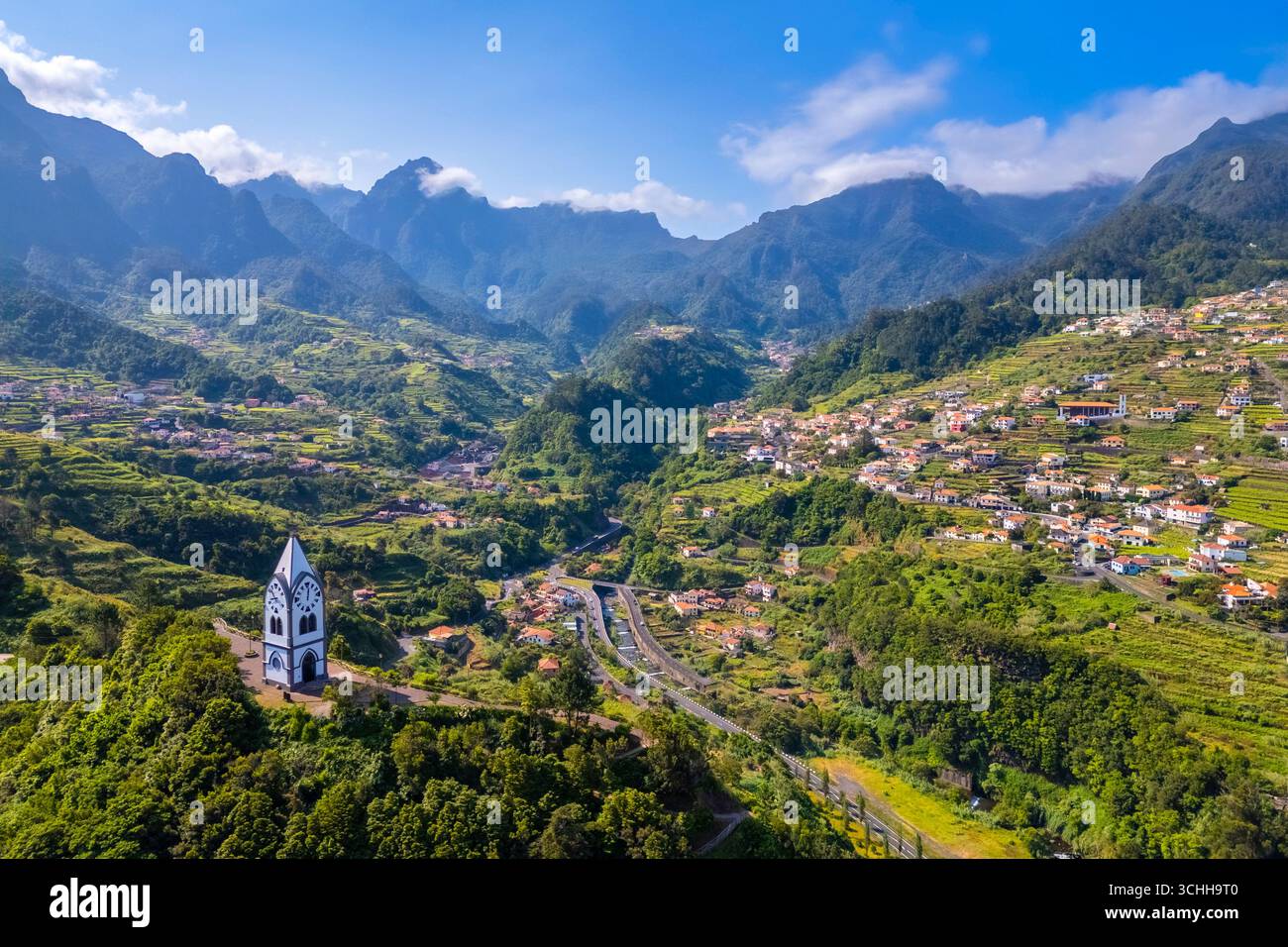 Aerial view of Capelinha de Nossa Senhora de Fatima just after sunrise in spring. Sao Vicente, Madeira, Portugal, Europe. Stock Photo