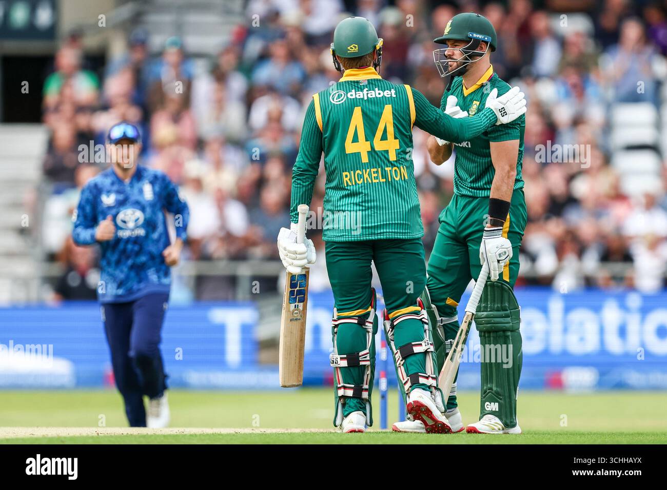 South Africa's Aiden Markram is congratulated for reaching the half ...
