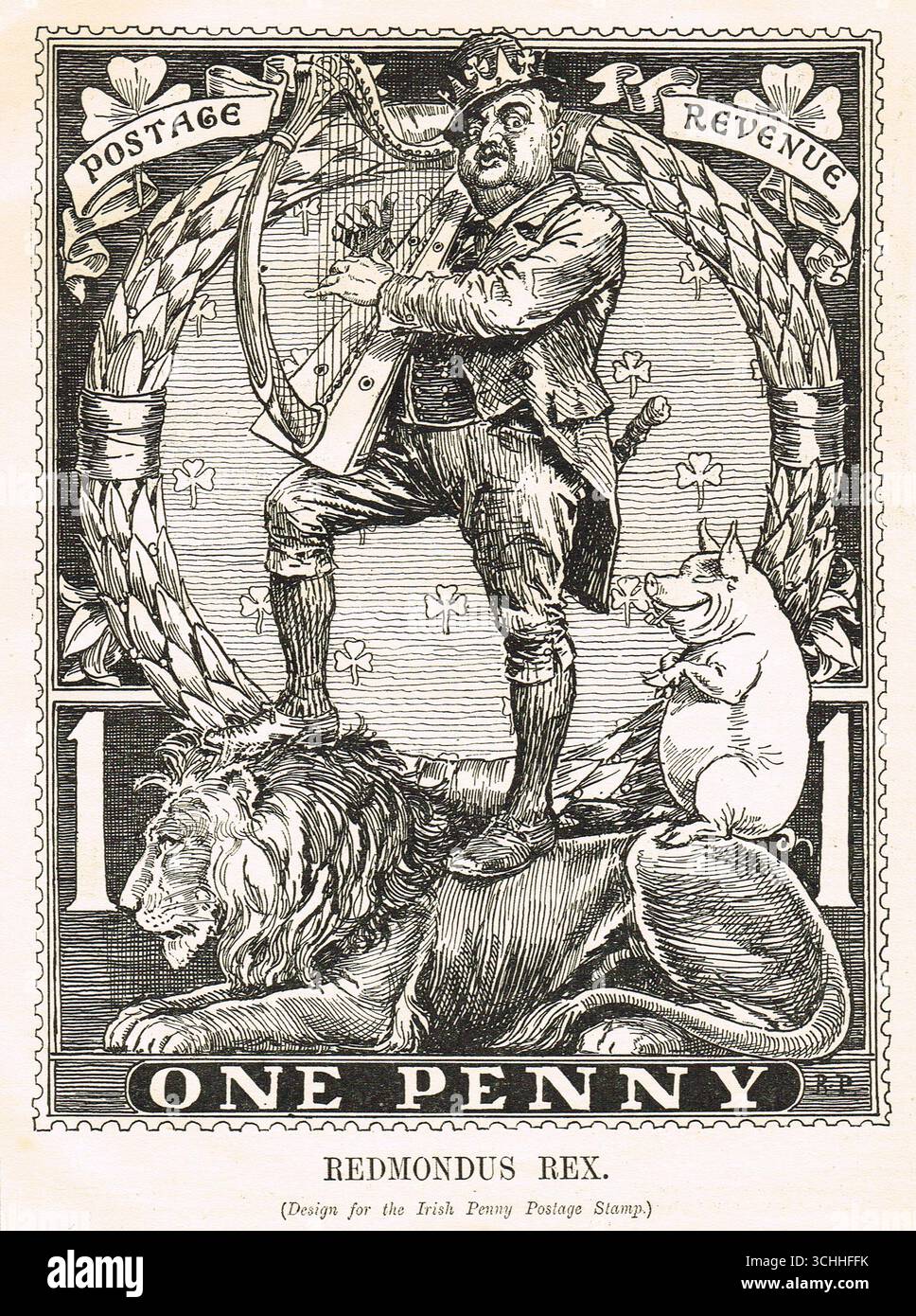 Punch cartoon of 1912 depicting a fictitious Irish Stamp with the Irish Nationalist John Redmond on it.  The intended home rule bill was eventually to fail due to the outbreak of WW I Stock Photo