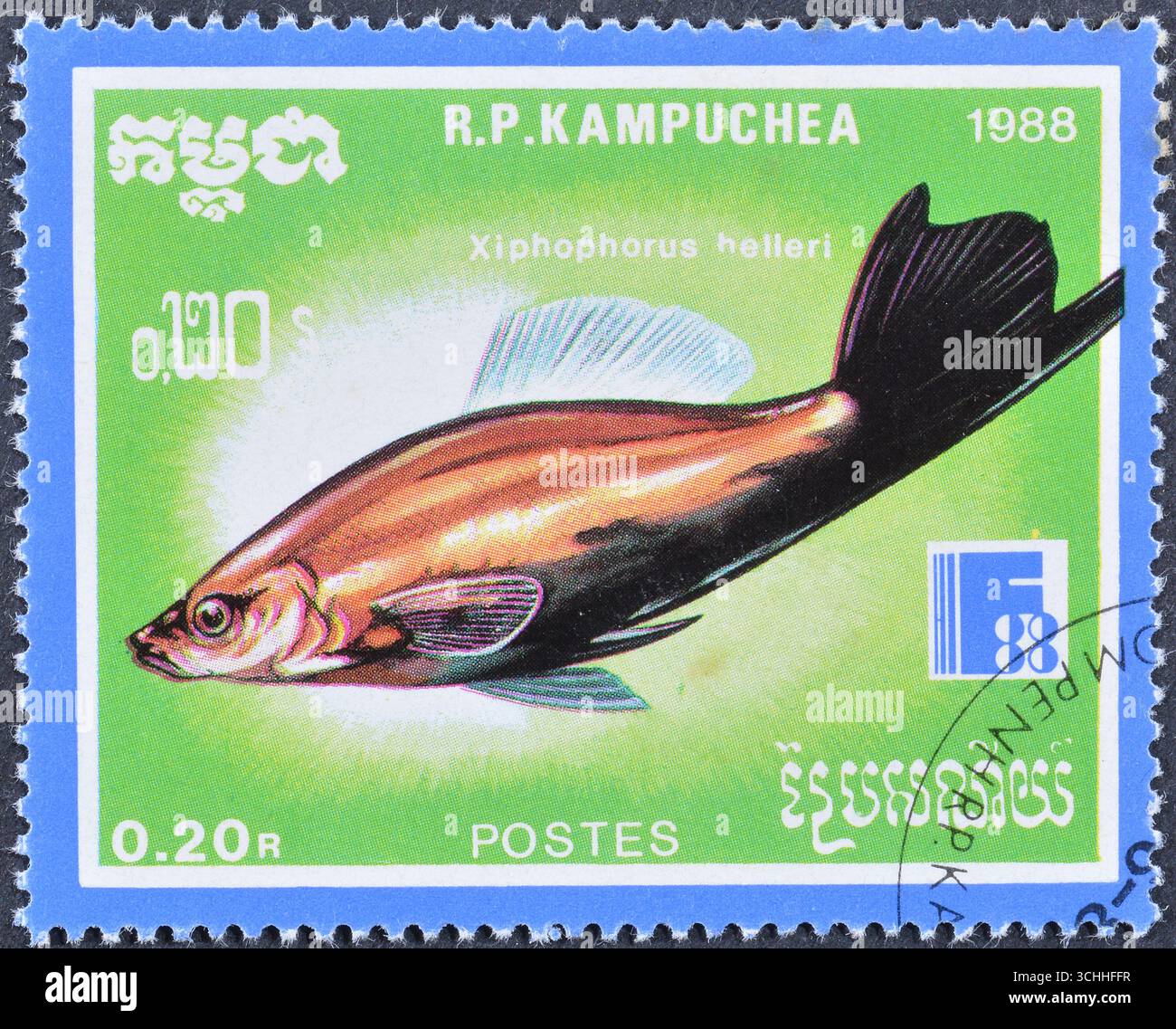 Cancelled postage stamp printed by Cambodia, that shows Green Swordtail (Xiphophorus helleri), International Stamp Exhibition FINLANDIA '88, Helsinki Stock Photo