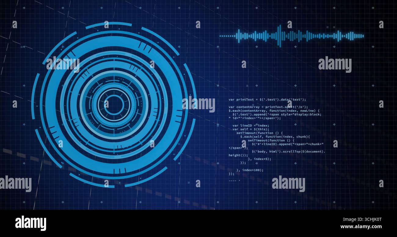 Floating futuristic circular HUD on dark blue grid, displaying audio waveform and JavaScript code Stock Photo