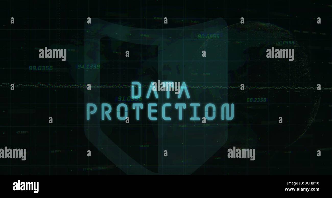 Displaying glowing DATA PROTECTION text with shield in grid, dotted globe numeric waveform overlays Stock Photo