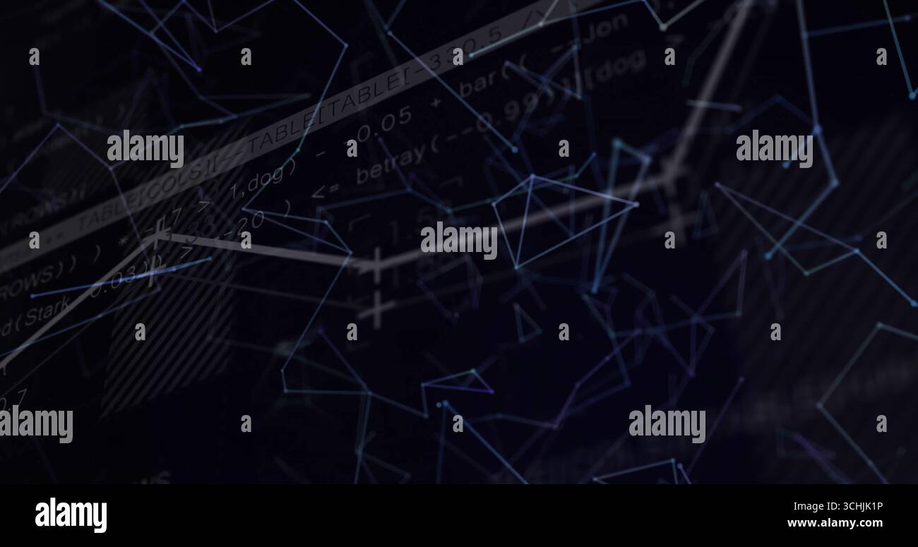 Central cluster glowing wireframe triangles connecting lines in digital network, with code snippets Stock Photo