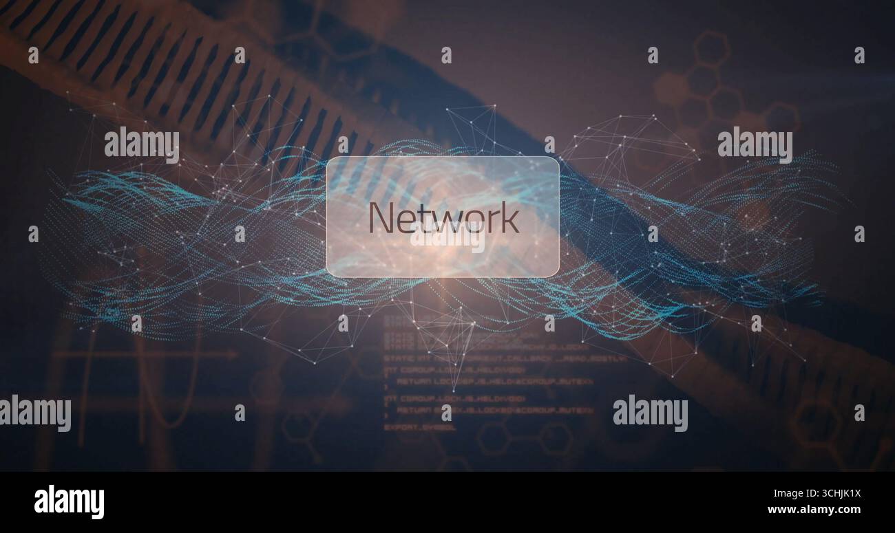 Displaying translucent Network panel floating in digital space, streaming blue data waveforms Stock Photo