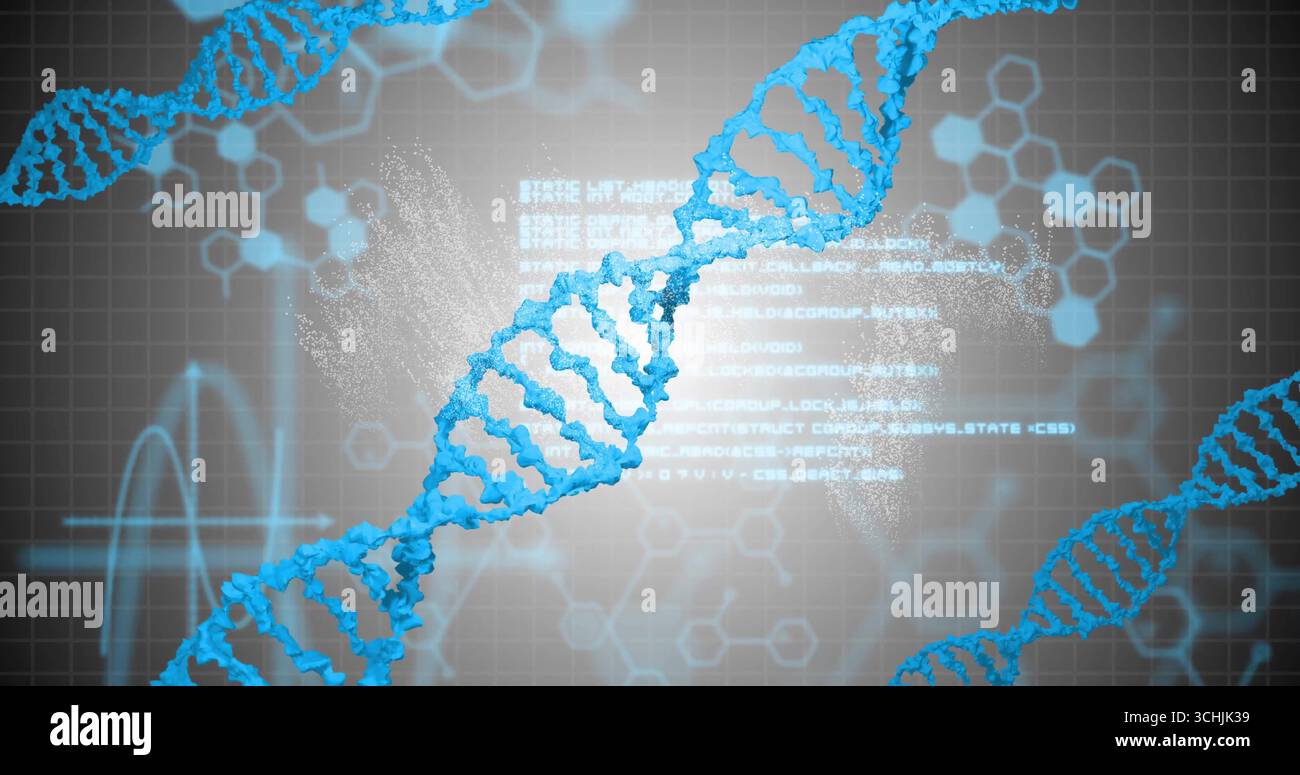 Twisting blue DNA helix in virtual lab, with hexagonal overlays, glowing code and waveform line Stock Photo