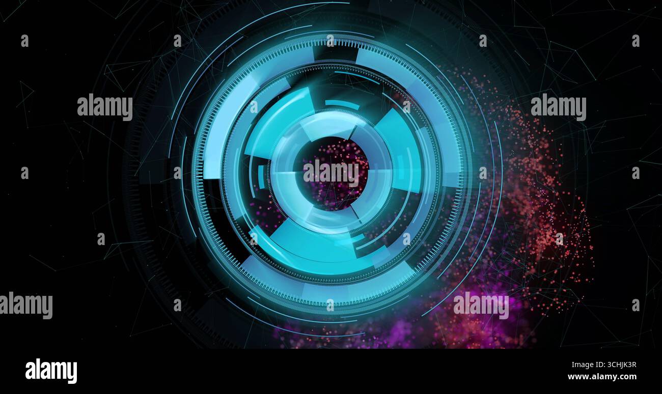 Displaying circular interface rotating in black void, with segmented rings and red purple particles Stock Photo