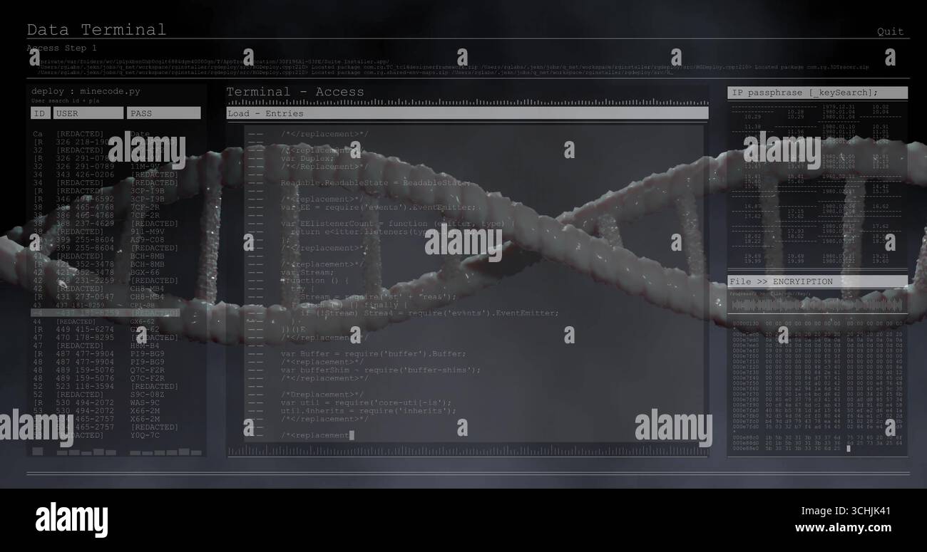Displaying centered 3D DNA helix spanning secure data terminal screen, with transparent panels Stock Photo