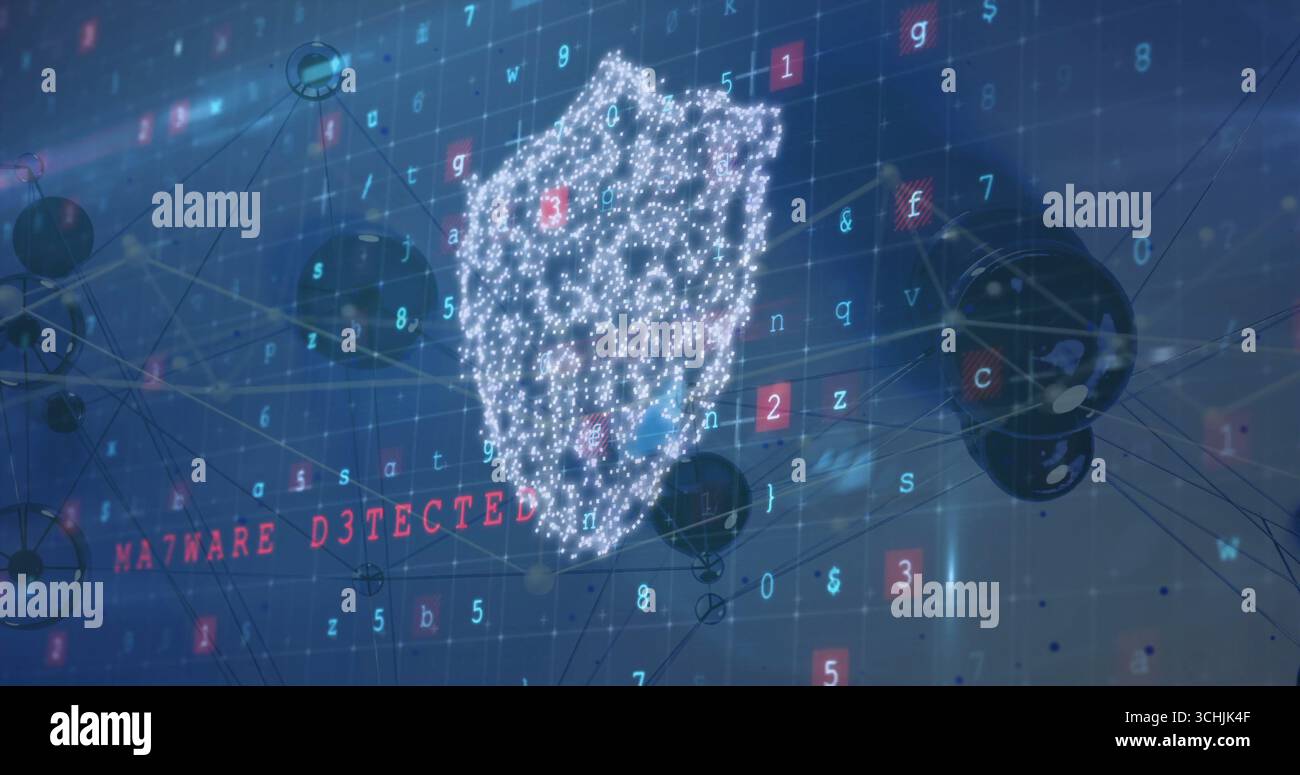 Displaying digital shield hovering in cyber network with nodes, alphanumeric code, red warning text Stock Photo