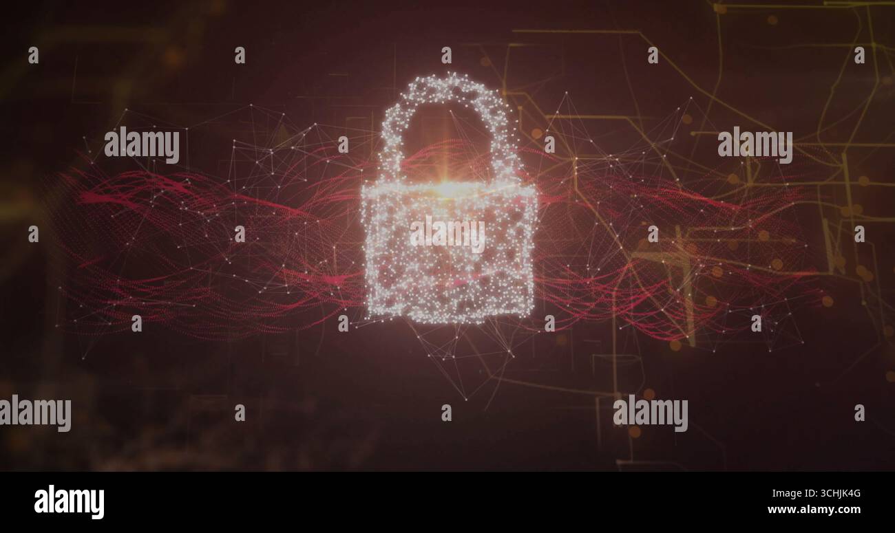 Floating glowing padlock icon weaving through network space, with red data streams, amber node grid Stock Photo