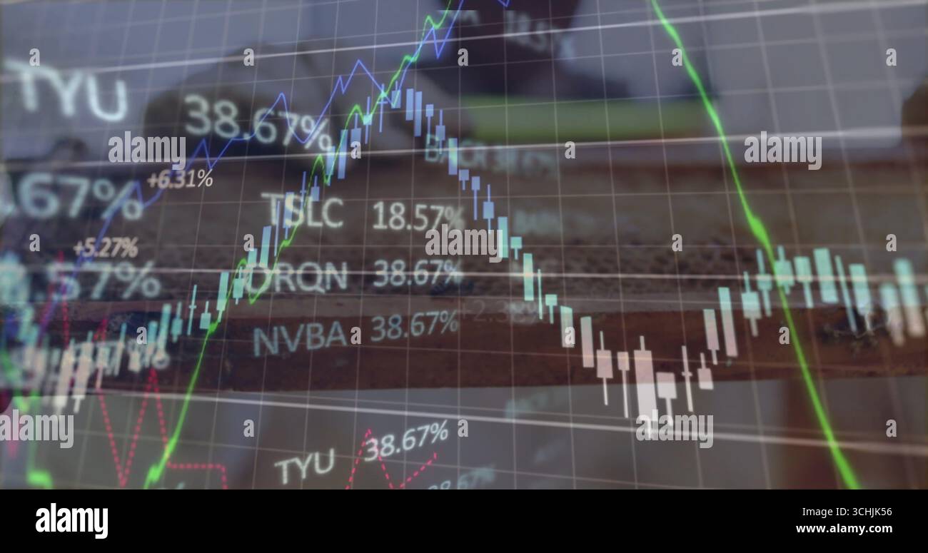 Displaying digital trading chart with candlesticks and trend lines in ...