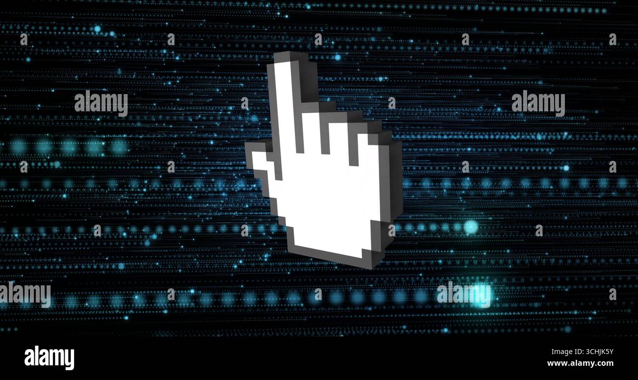 Pointing white pixel hand cursor gesturing upward on dark virtual field ...