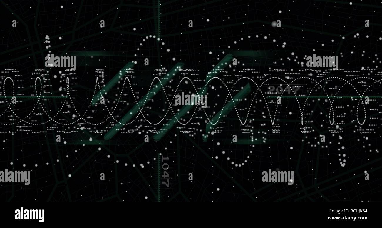 Displaying white-dotted waveform loops spanning digital grid, with green segmented lines, data dots Stock Photo