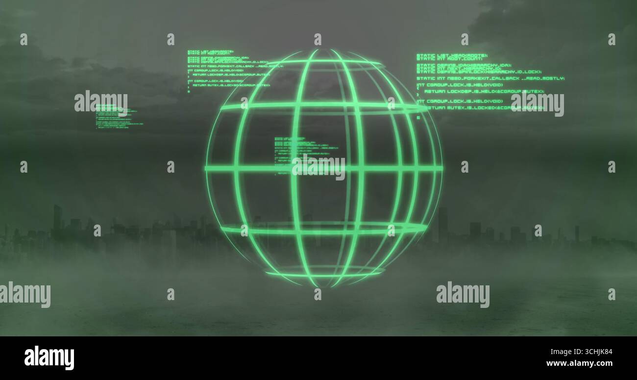 Hovering green wireframe globe projecting over foggy waterfront skyline, with floating code blocks Stock Photo